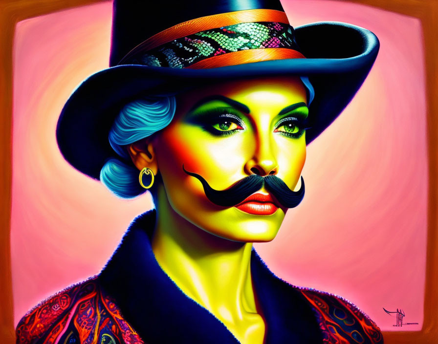 Colorful portrait of a person with blue hair, mustache, hat, and earrings on warm background