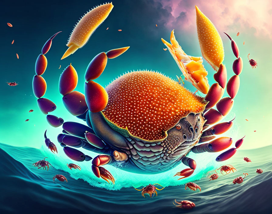 Vibrant digital artwork of fantastical crab with intricate claws and shell, surrounded by smaller crabs