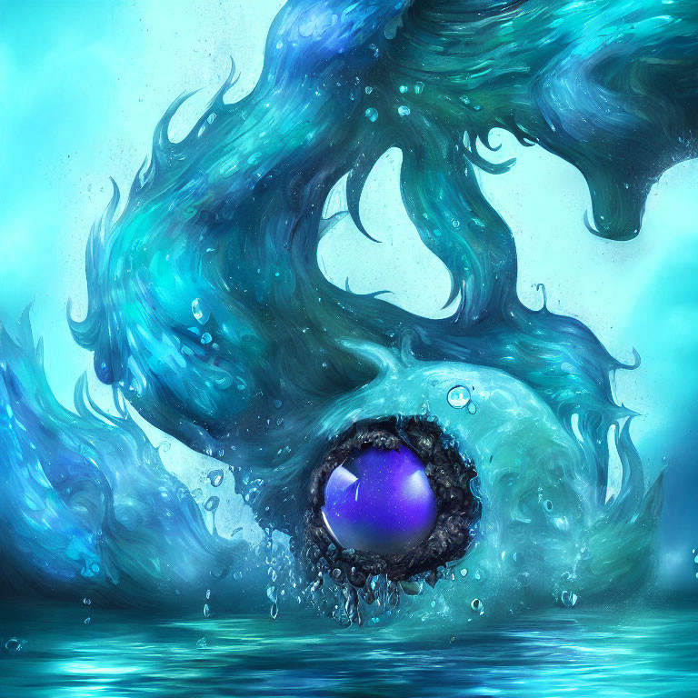 Stylized digital artwork of blue and turquoise wave around a purple orb