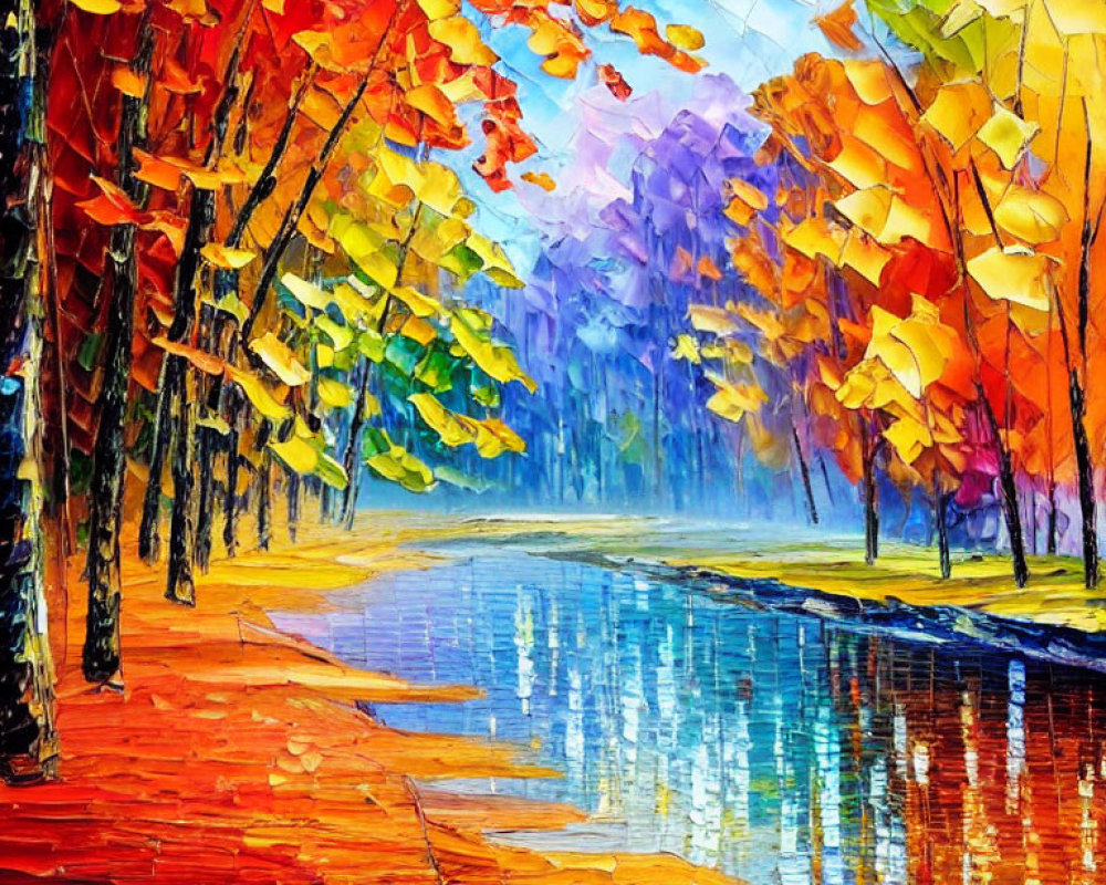 Colorful Impressionistic Painting of Tree-Lined Path by Blue River