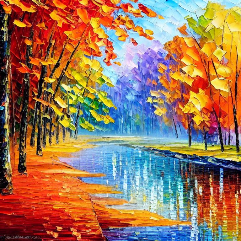 Colorful Impressionistic Painting of Tree-Lined Path by Blue River