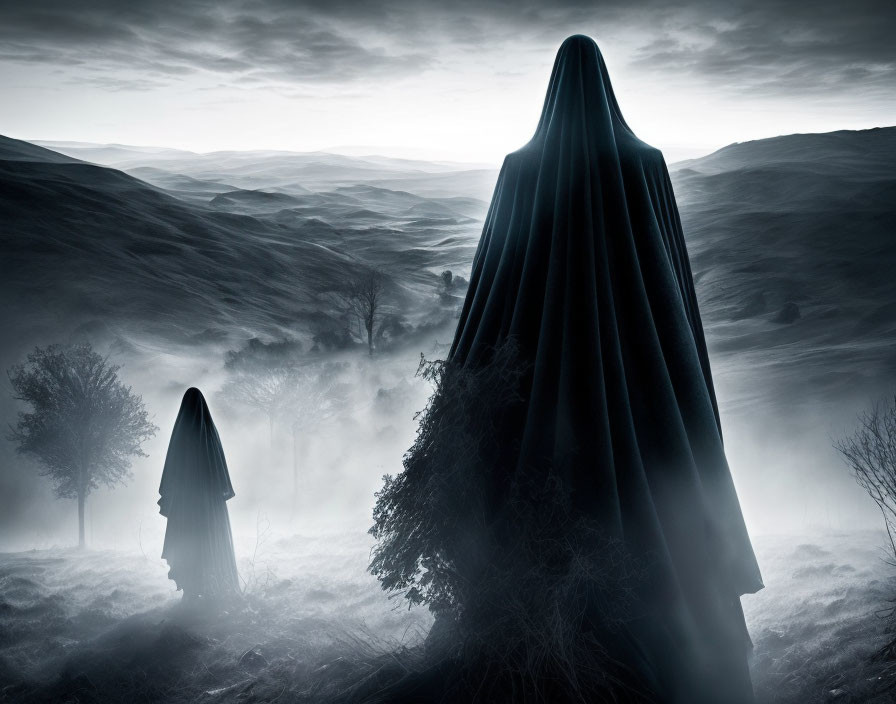 Cloaked Figures in Moonlit Landscape with Foggy Hills and Trees