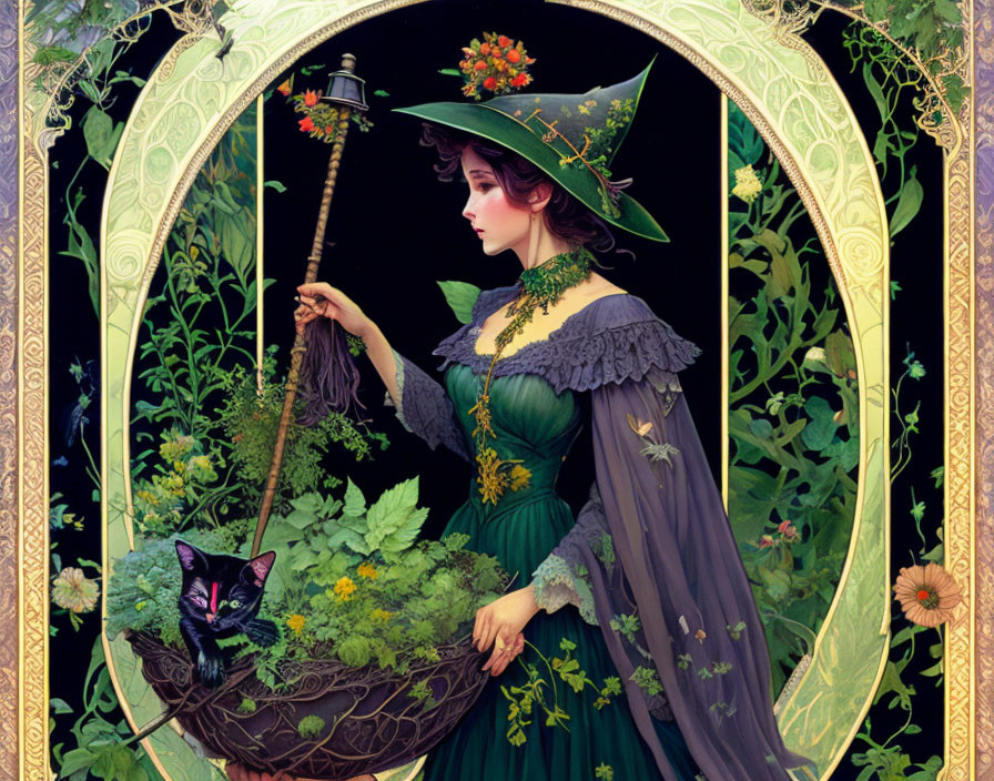 Illustrated Woman in Green Witch's Hat and Purple Dress Surrounded by Plants and Black Cat in Gothic