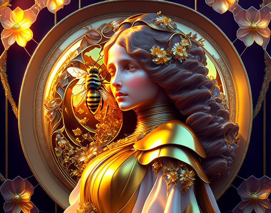 Digital Artwork: Woman with Gold Decorations and Bee Among Luminescent Flowers