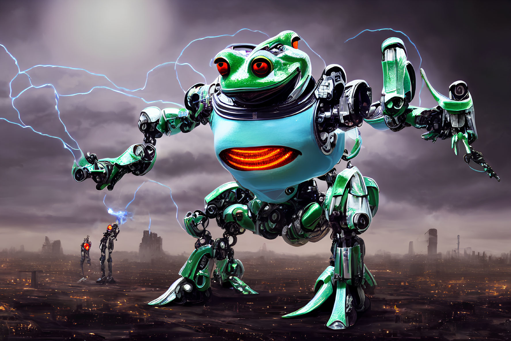 Futuristic frog-like robot emits lightning in dystopian cityscape