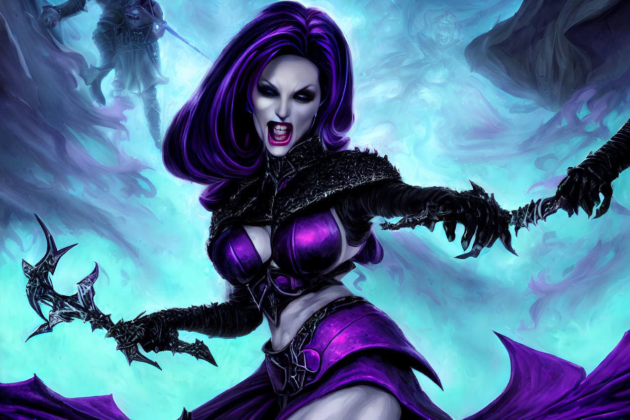 Fantasy digital art: Fierce female warrior in dark armor with purple hair, wielding a jagged