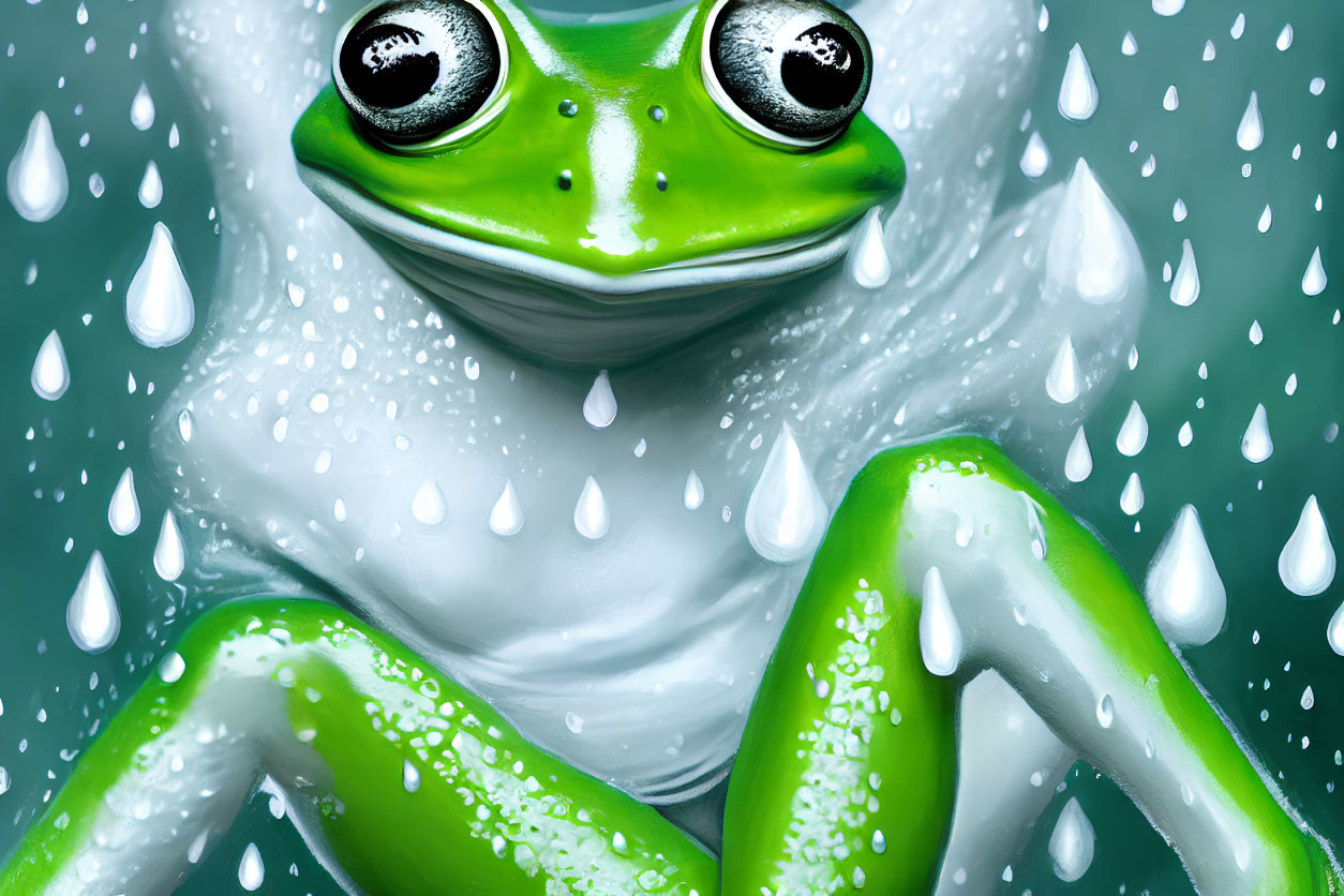 Glossy-eyed green frog against water droplets background