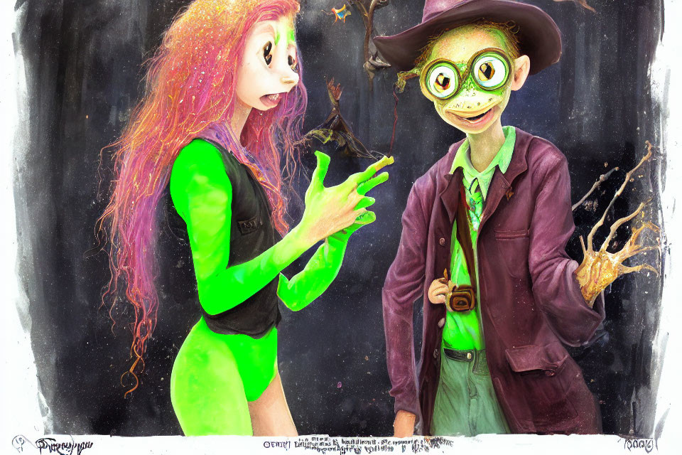 Whimsical animated characters with green skin and pink hair in wizard attire