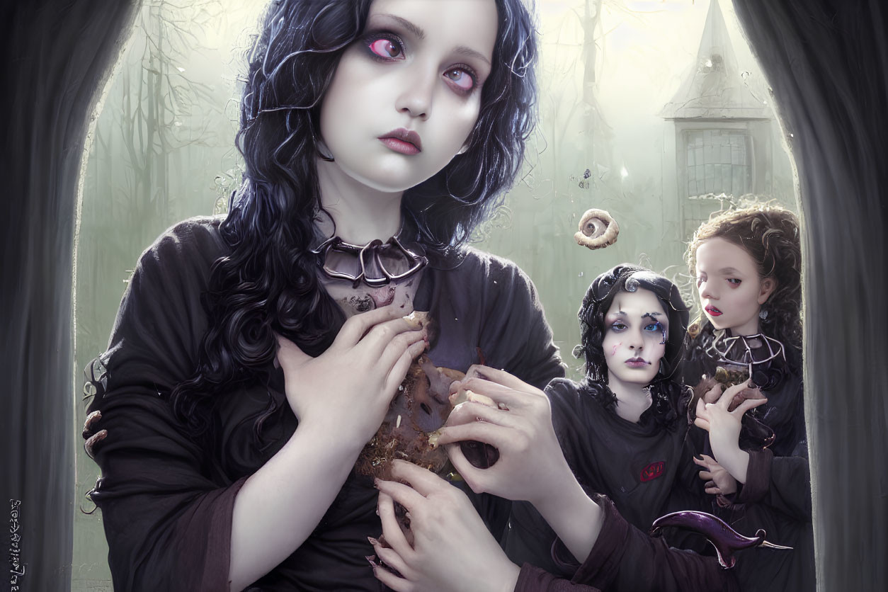 Gothic characters with pale skin and dark hair in misty forest with mystical elements.