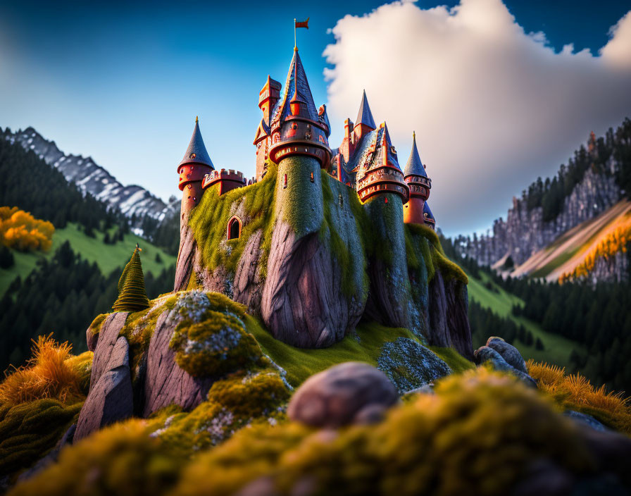 Majestic castle on lush hill with spires, pine-covered slopes, and orange foliage