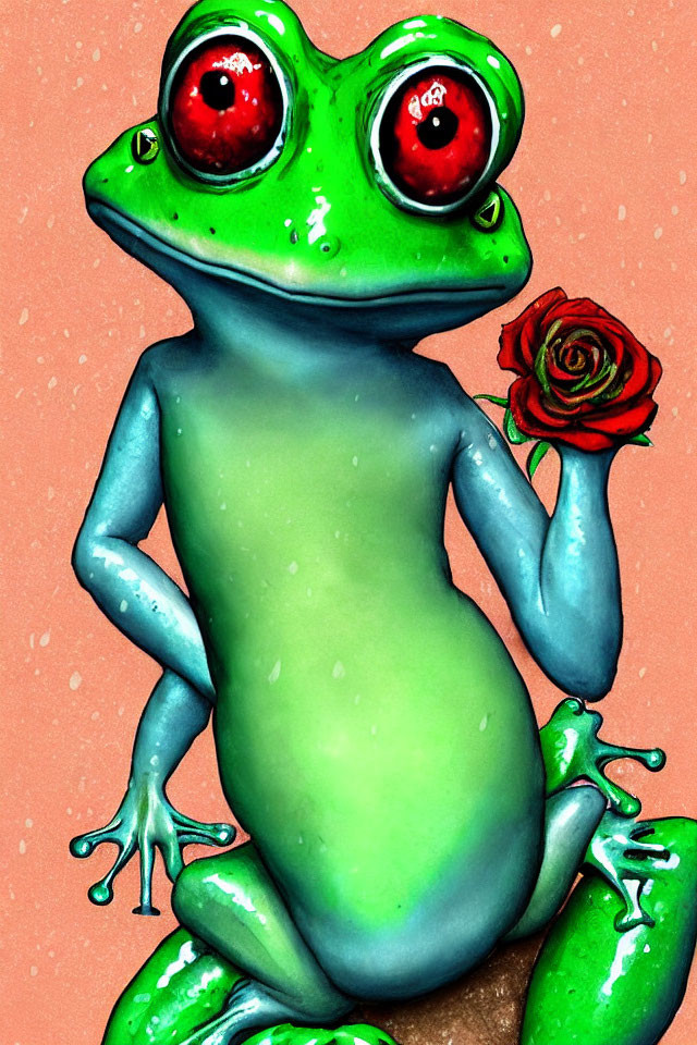 Colorful Illustration: Green Frog with Red Eyes Holding Rose on Pink Background