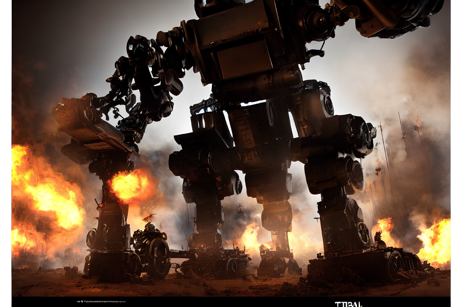 Menacing mech on fiery battlefield amid explosions and debris