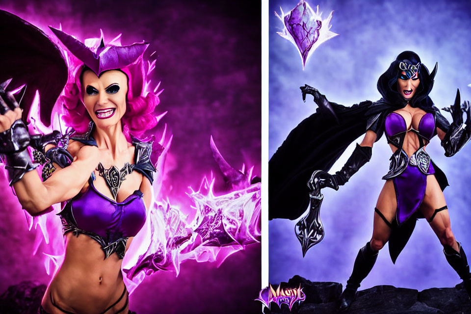 Two individuals in fantasy-themed costumes against purple background