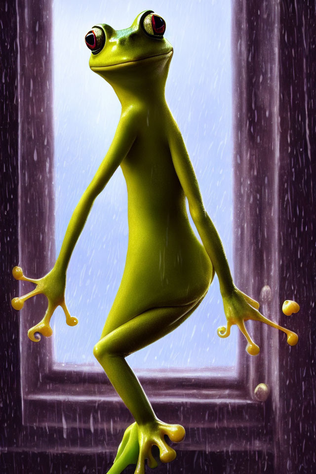 Whimsical green frog on windowsill gazes out rain-spattered window