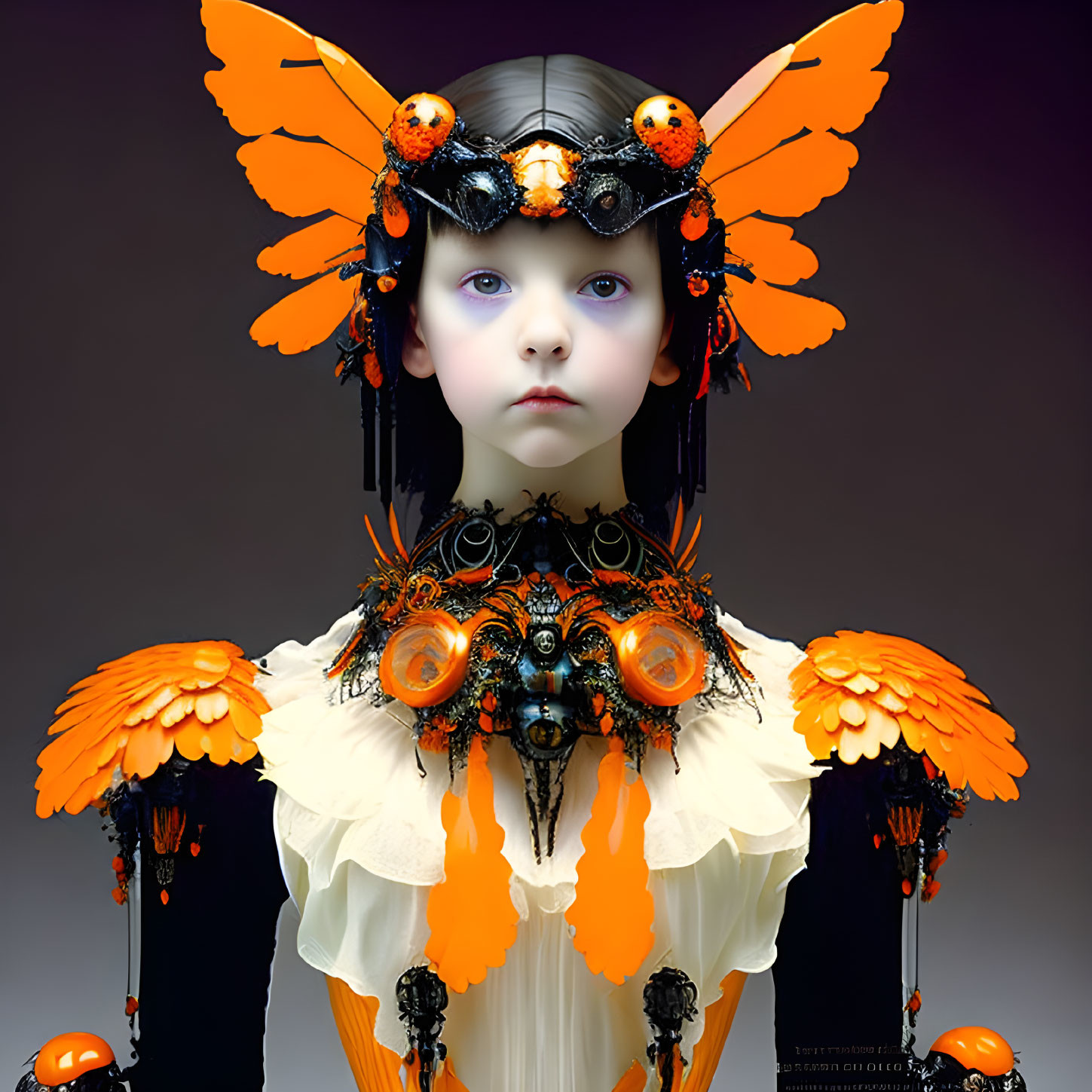 Child portrait with butterfly wings and orange-black headgear in digital art