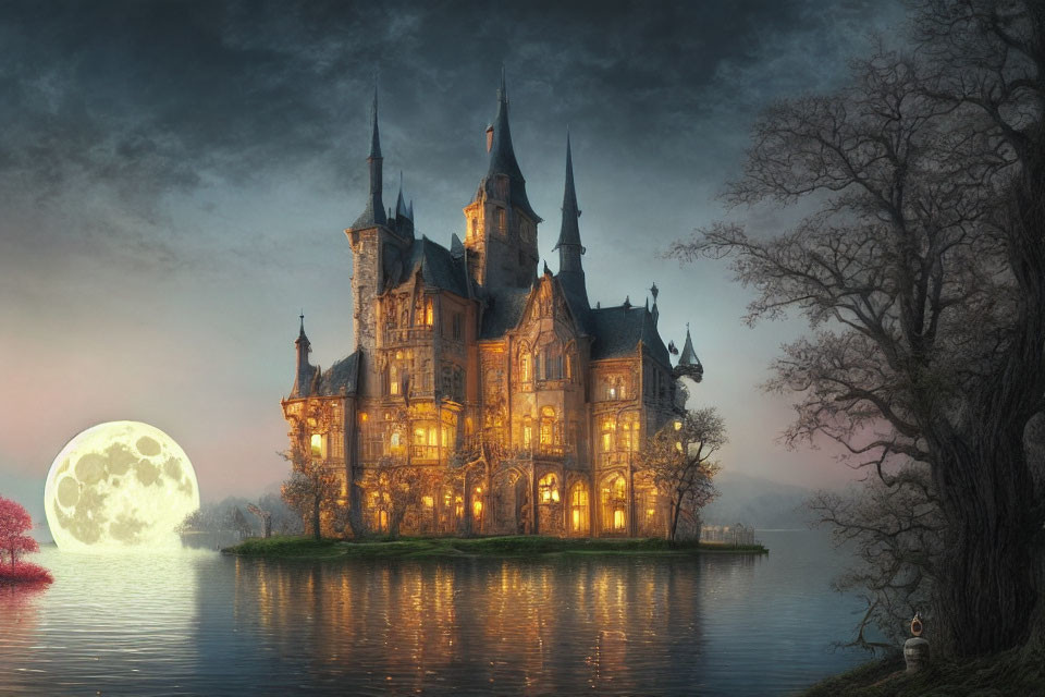 Illuminated castle with spires at dusk by a lake with full moon rising