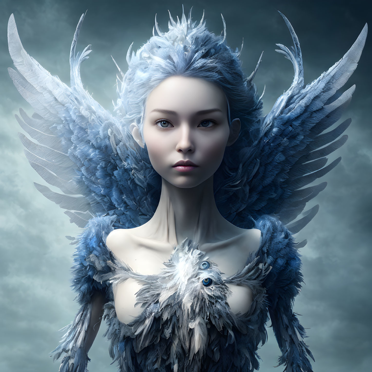 Fantasy image: Woman with blue feathers and wings in bird-like form against cloudy backdrop