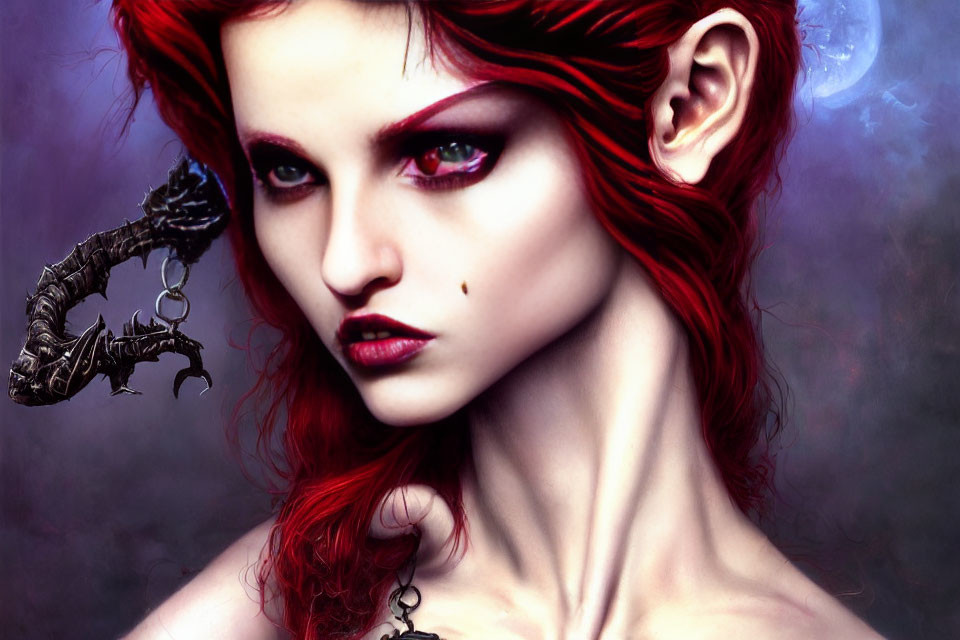 Portrait of woman with red hair, violet eyes, pointed ears, and claw-like accessory under moonlit