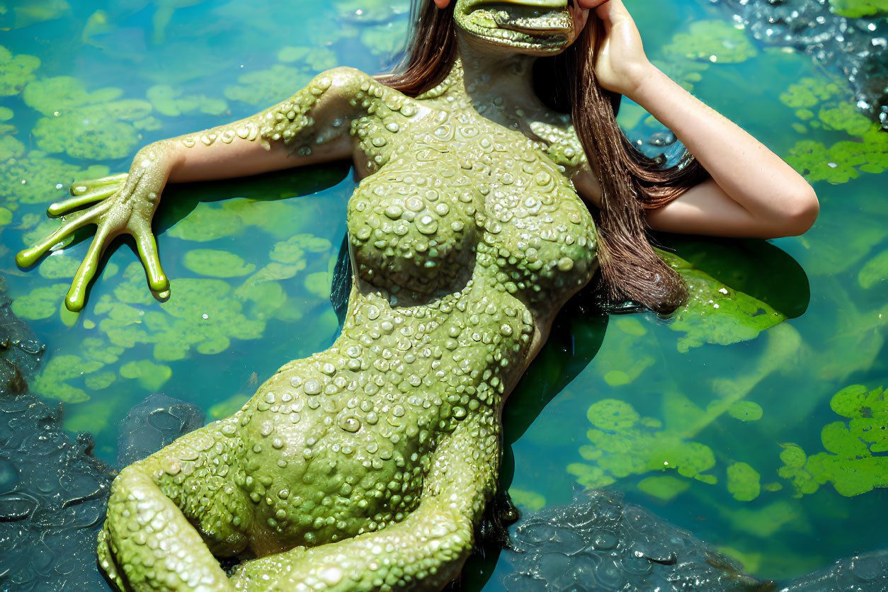 Person camouflaged with frog body paint in water with lily pads