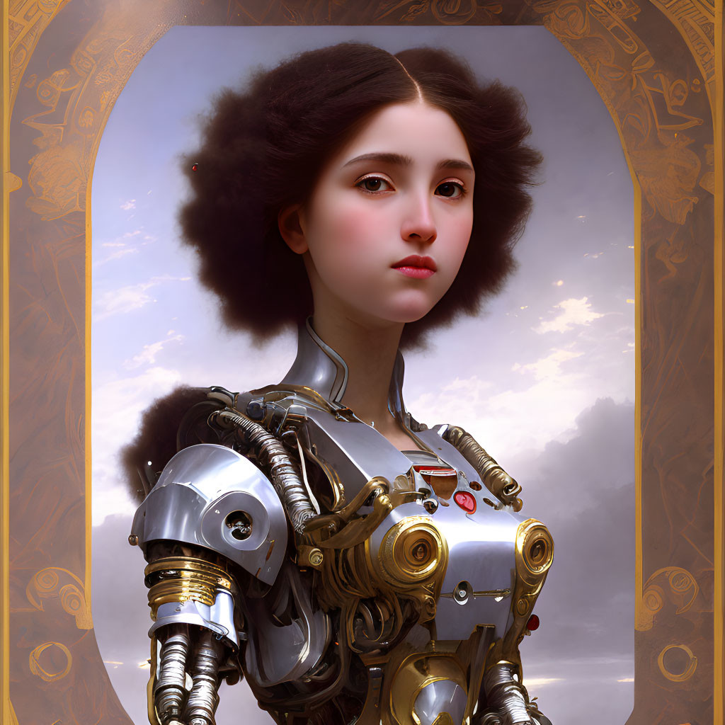 Female robot in Victorian attire against cloudy sky