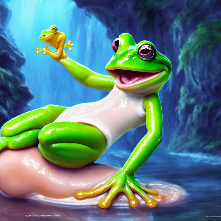 Colorful digital artwork featuring large green frog holding smaller yellow frog near waterfalls