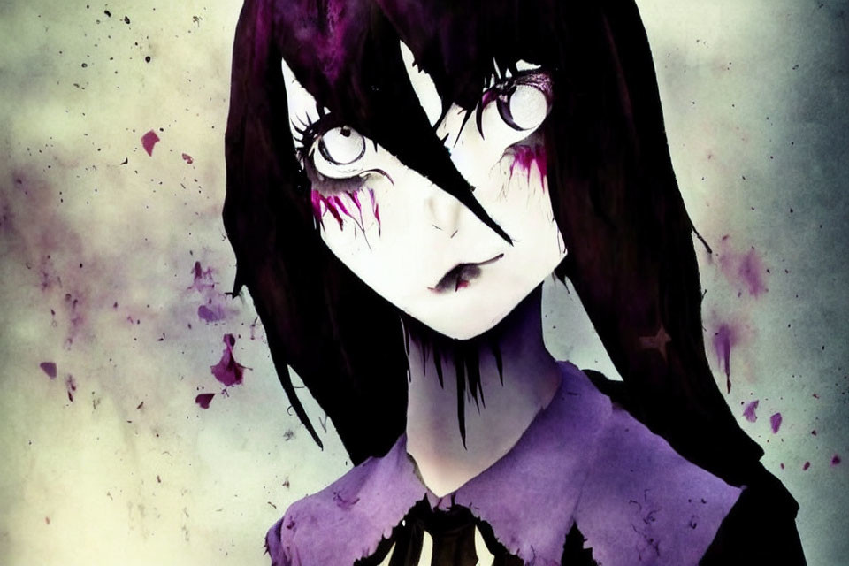 Anime-style illustration: Black-haired girl with purple eyes and red tear-like streaks, on splattered