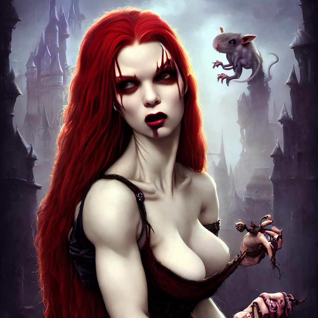 Gothic fantasy illustration of woman with red hair and rats in front of sinister castle