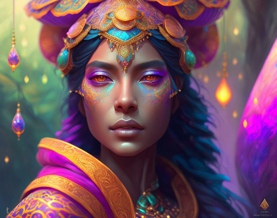 Fantasy Artwork: Blue-skinned figure with golden headdress in vibrant, lush setting