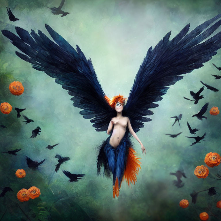 Orange-Haired Being with Black Wings Surrounded by Crows and Roses in Misty Green Scene