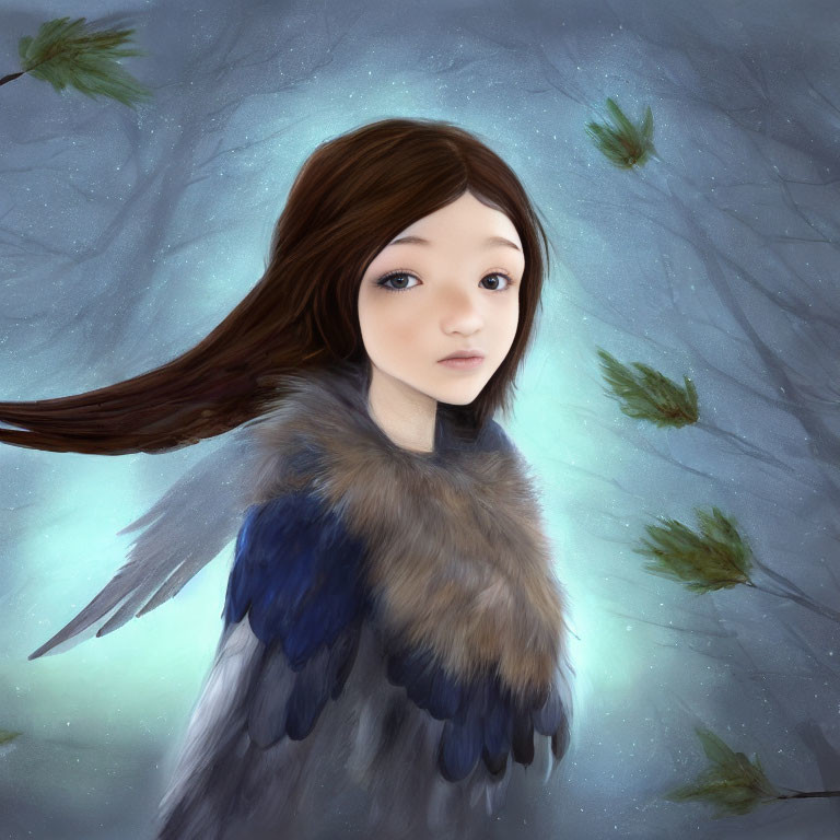 Young girl with dark hair in feathered cloak on misty forest background