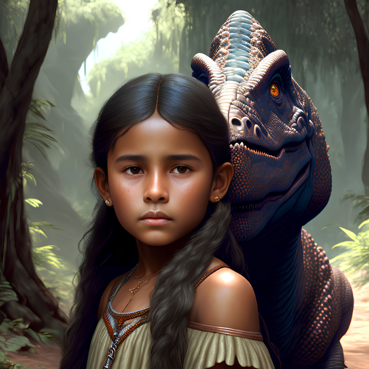 Young girl with wavy hair and friendly dinosaur in forest.