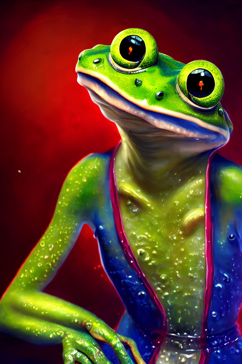 Colorful Stylized Frog Illustration with Glossy Eyes on Red Background