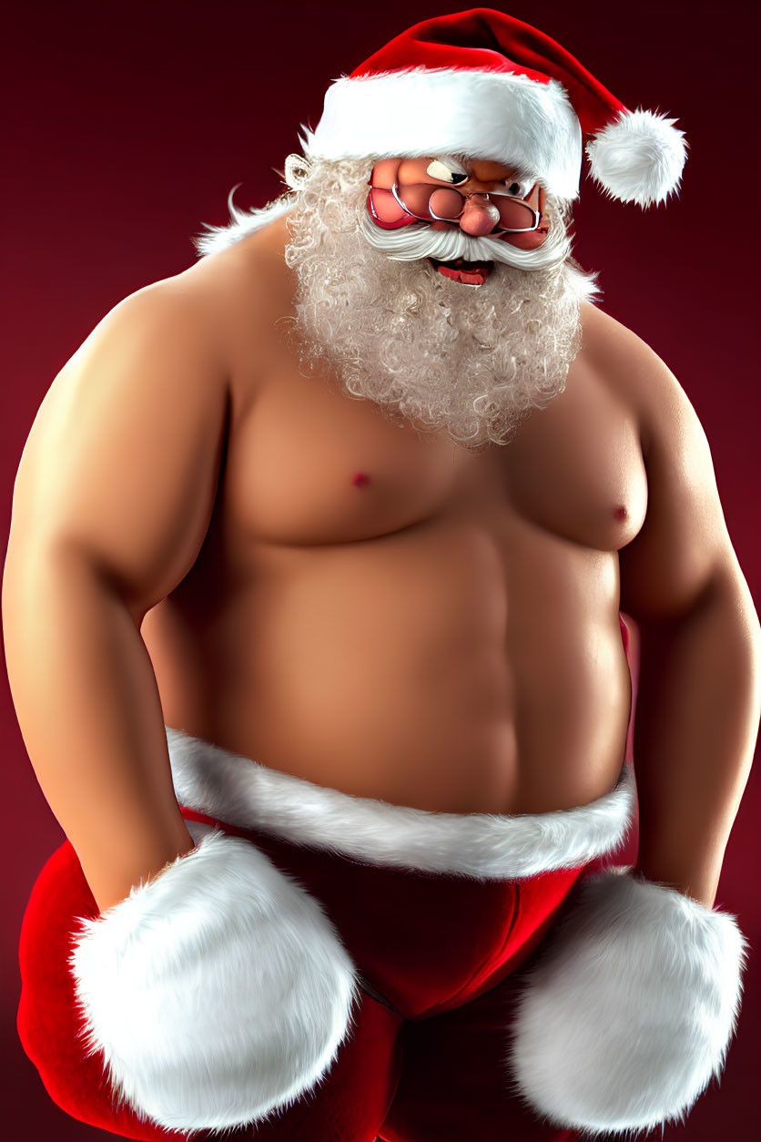 Muscular Santa Claus in Red Pants and Santa Hat on Red Background