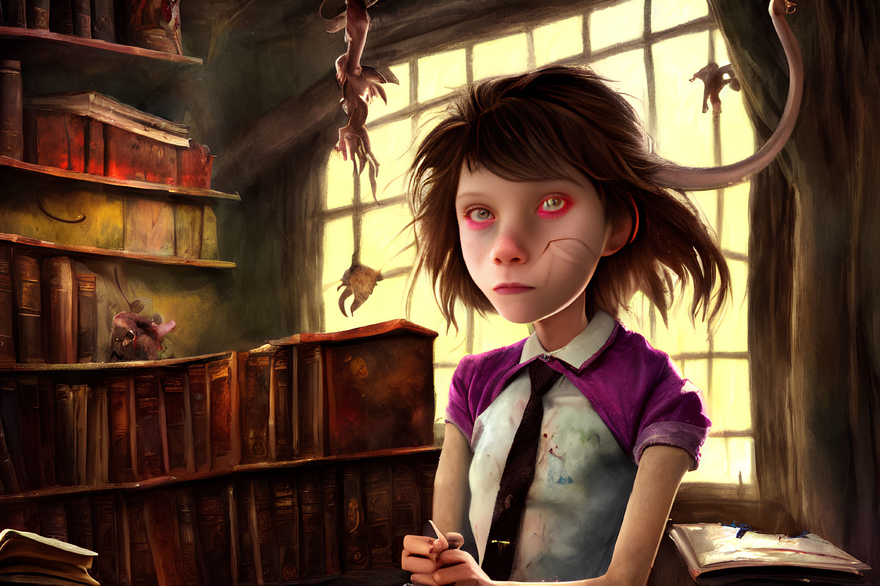 Curious girl with red eyes in dim, book-filled room with winged creatures