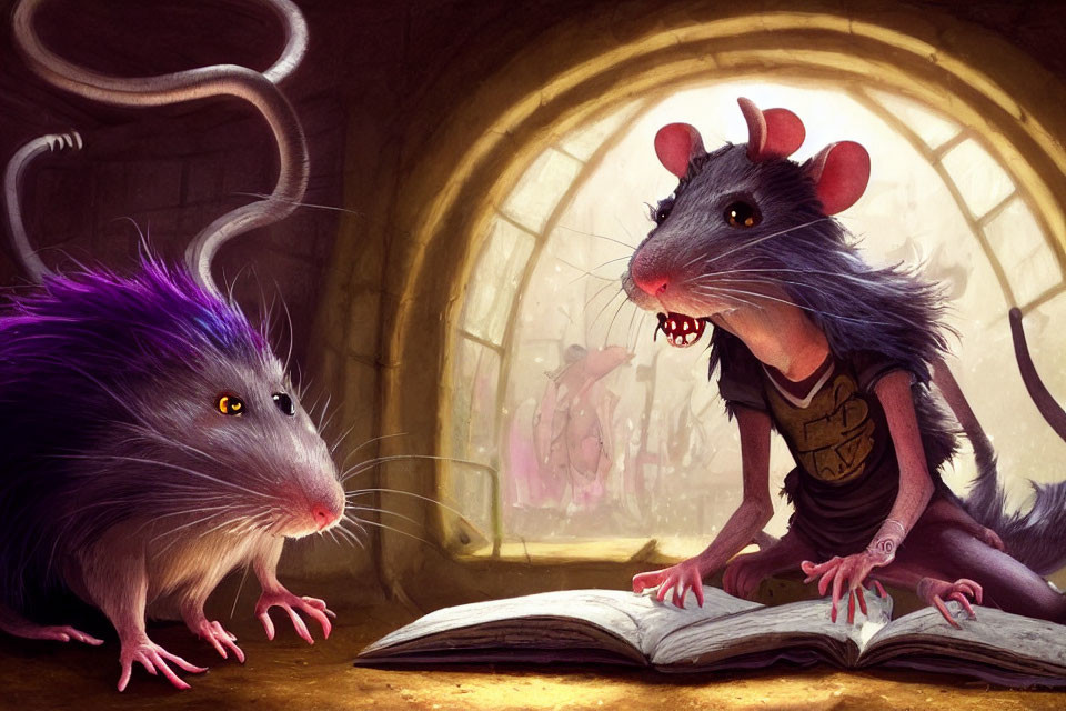 Anthropomorphic rats reading and observing in dimly lit room with arch window.