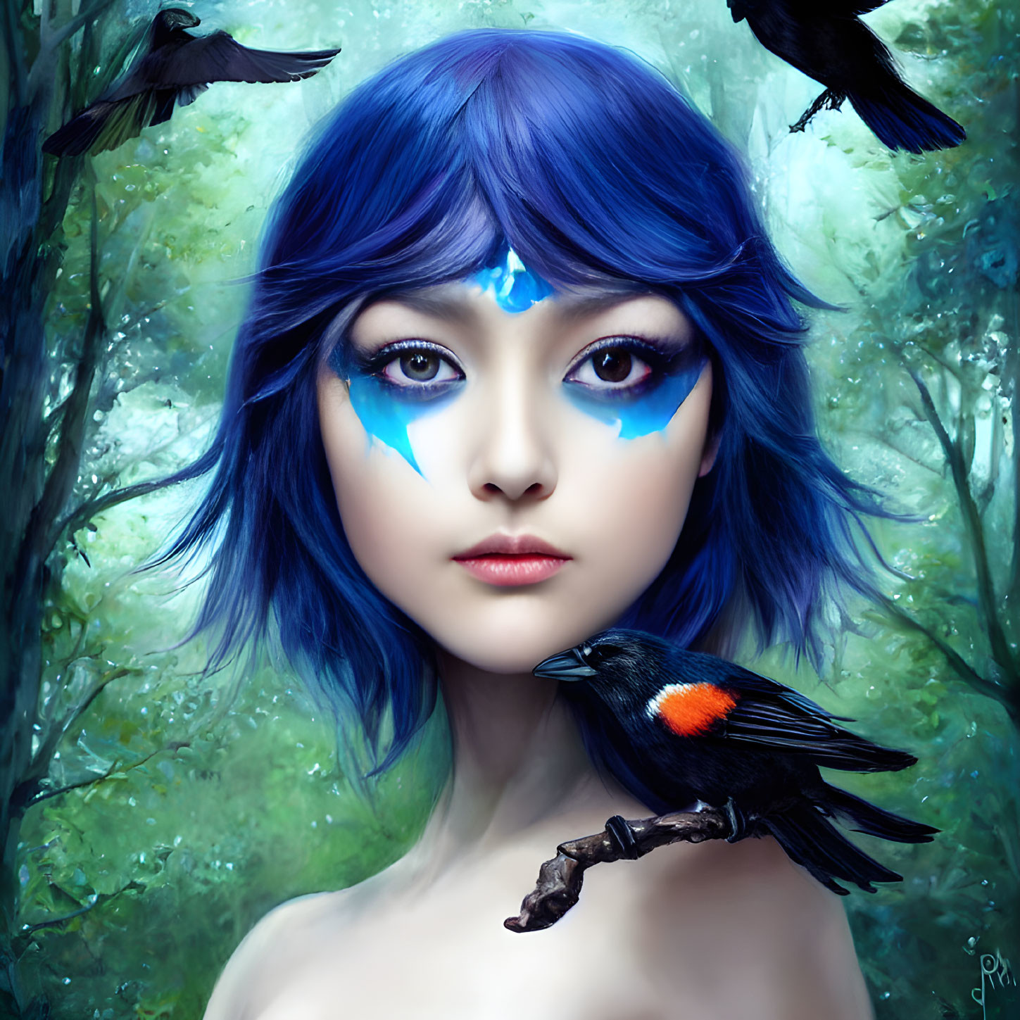 Fantasy Artwork: Female Figure with Blue Hair and Tribal Markings in Crow-Filled Forest