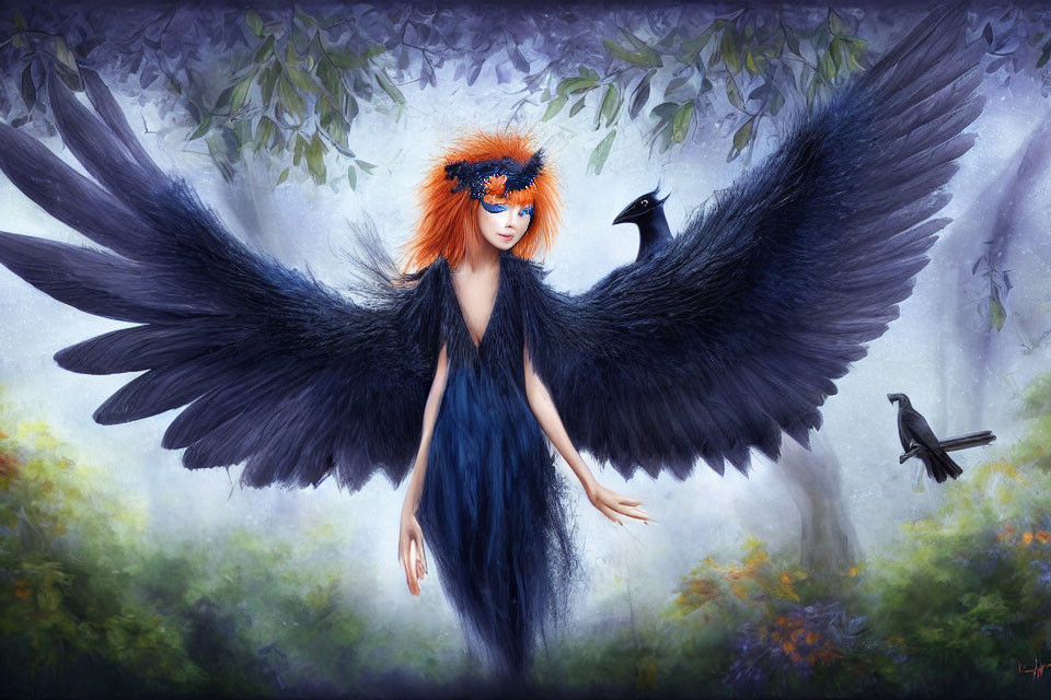 Woman with black bird wings and mask in misty forest.