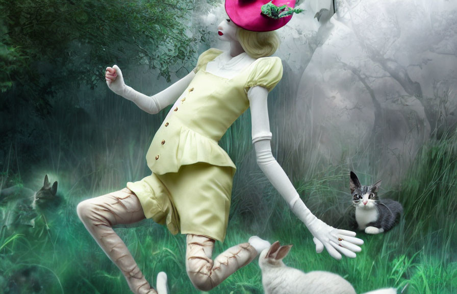 Surreal digital artwork of person with elongated limbs and rabbits in misty forest