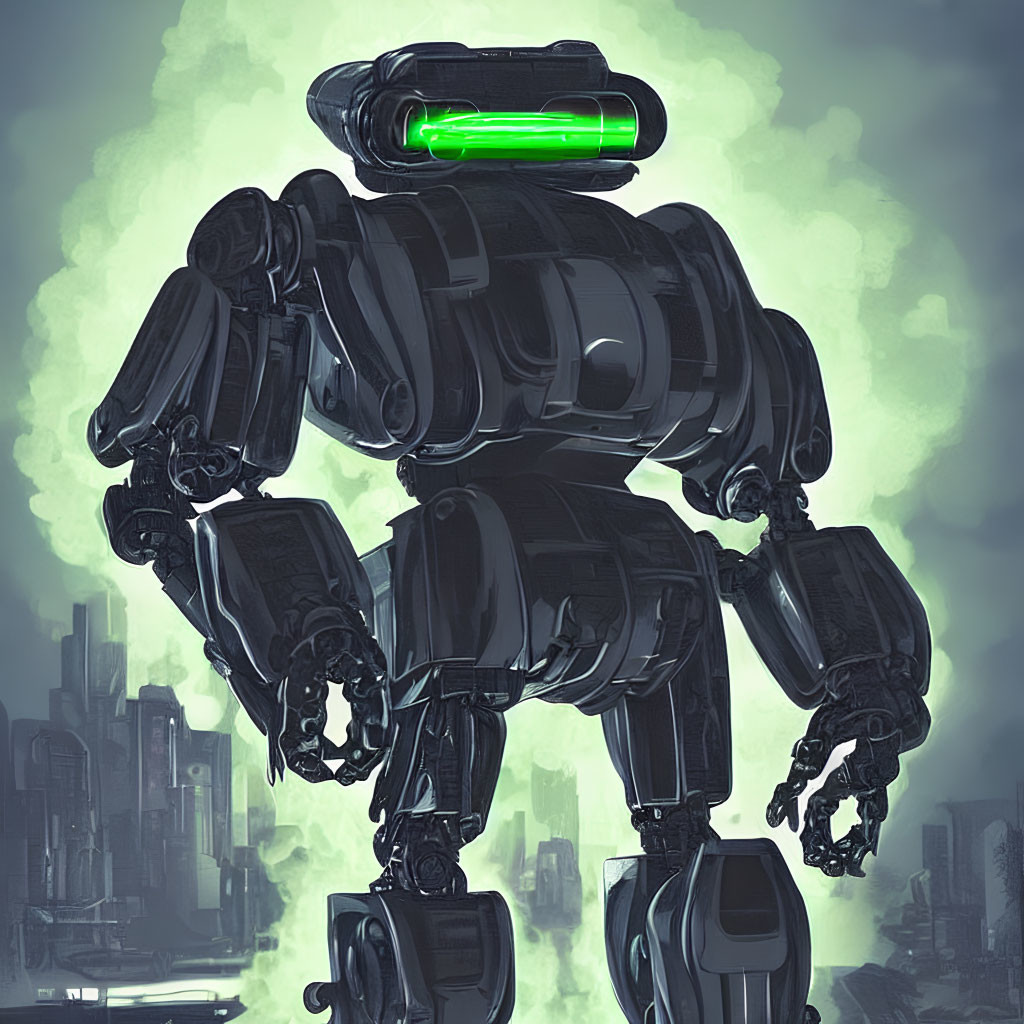 Futuristic robot with green power core in cityscape background