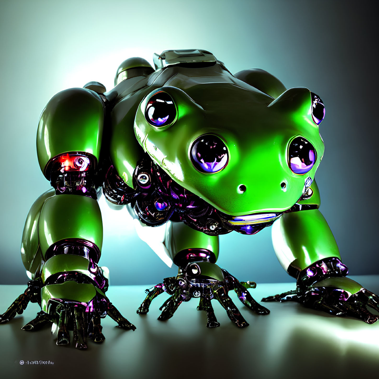 Shiny green robotic frog with reflective eyes and intricate joints