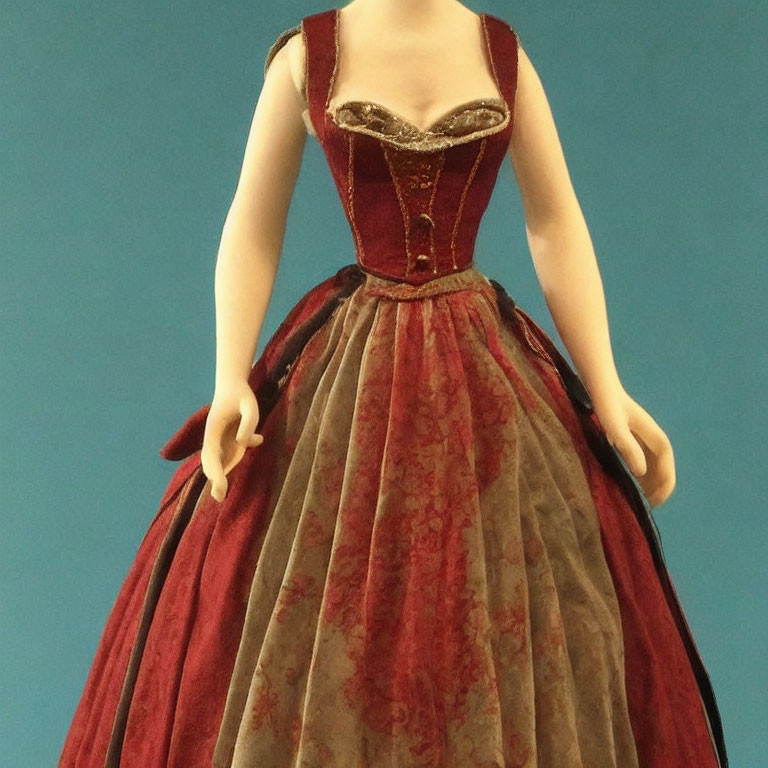 Detailed Red and Gold Corset Gown Doll on Blue Background