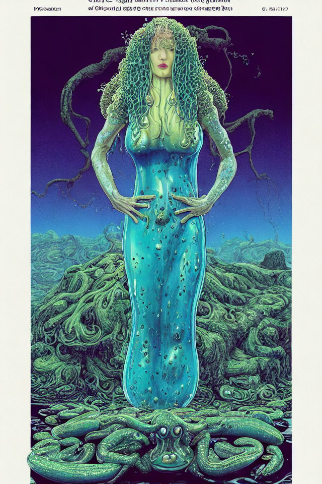 Illustration of woman with green serpentine hair and blue dress in eerie setting