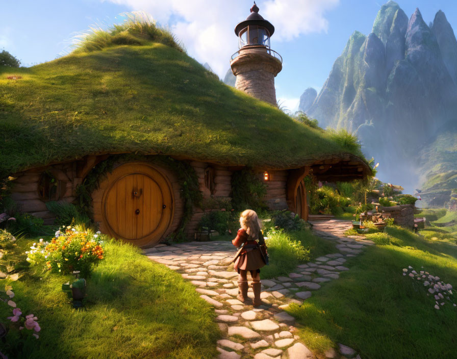 Quaint hobbit house with grassy roof and lighthouse in lush mountains