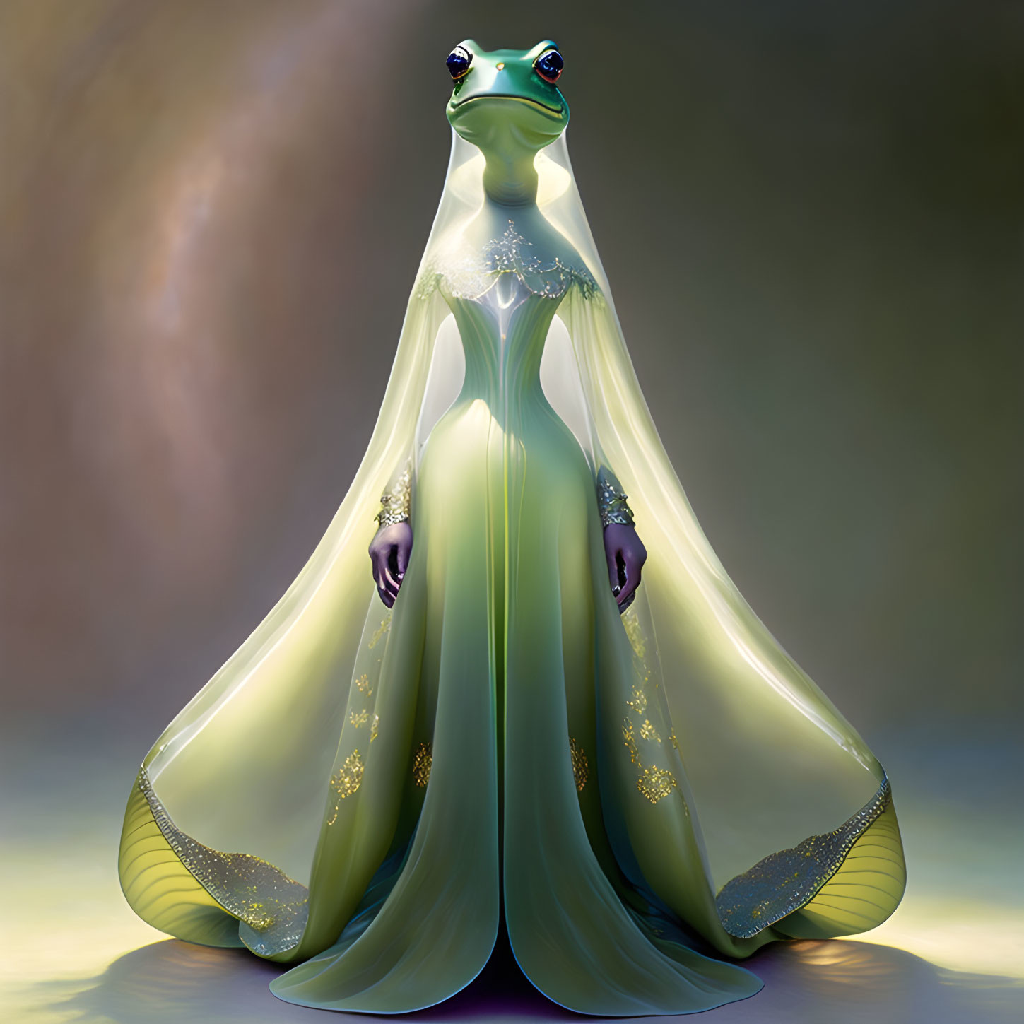 Regal anthropomorphic frog in elegant green gown