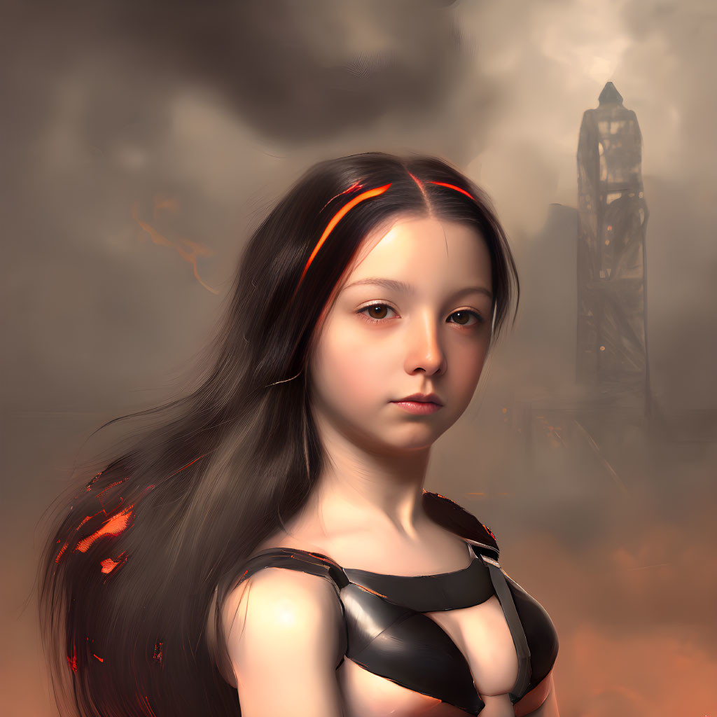 Dark-haired girl in armor against stormy backdrop with tower & lightning