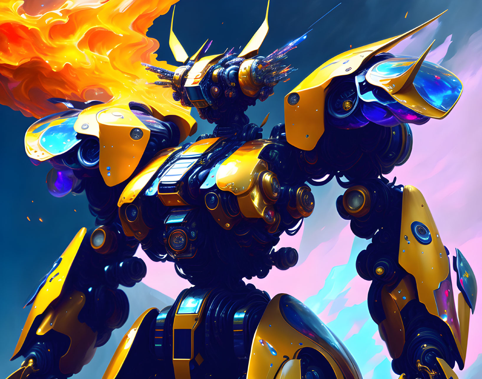 Dynamic Armored Robot with Fiery Explosion: Powerful Stance & Futuristic Design