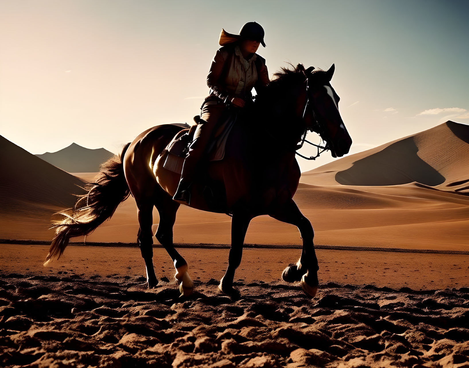 Horseback Rider Crossing Desert Dunes at Sunset