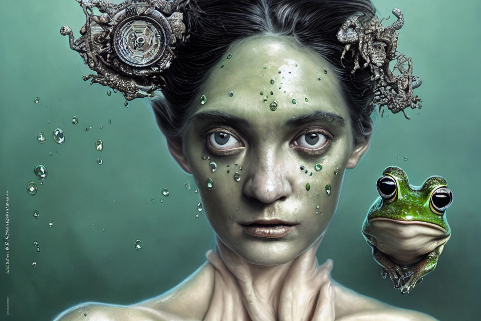 Surreal portrait featuring green-skinned person with mechanical elements, water droplets, and frog.