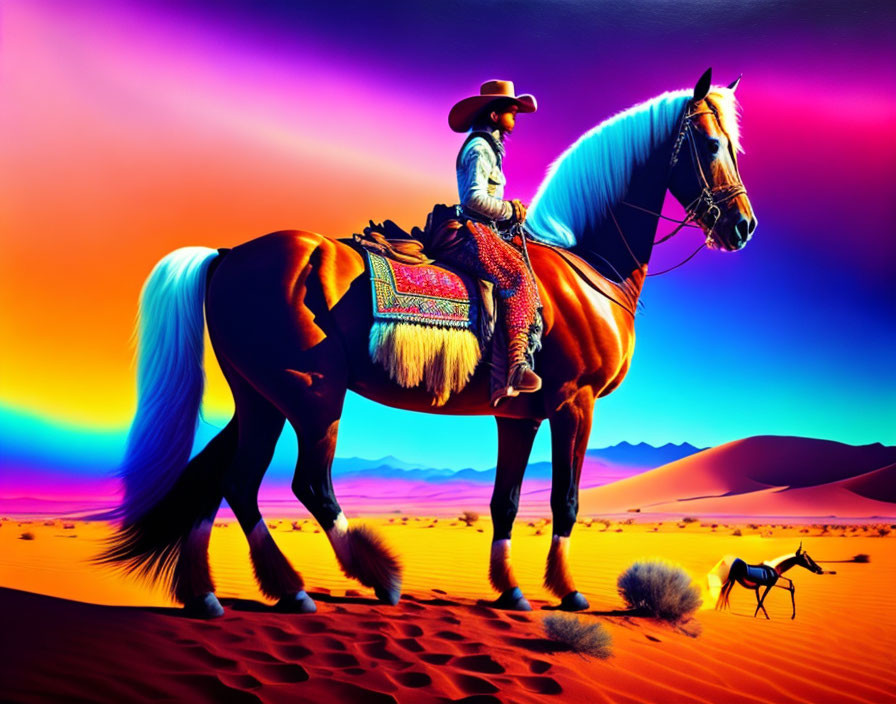 Colorful Cowboy on Horse in Desert Landscape with Sky Gradient