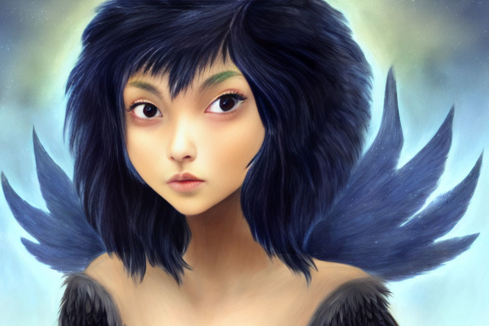 Young woman with dark feathered wings and expressive eyes in digital painting